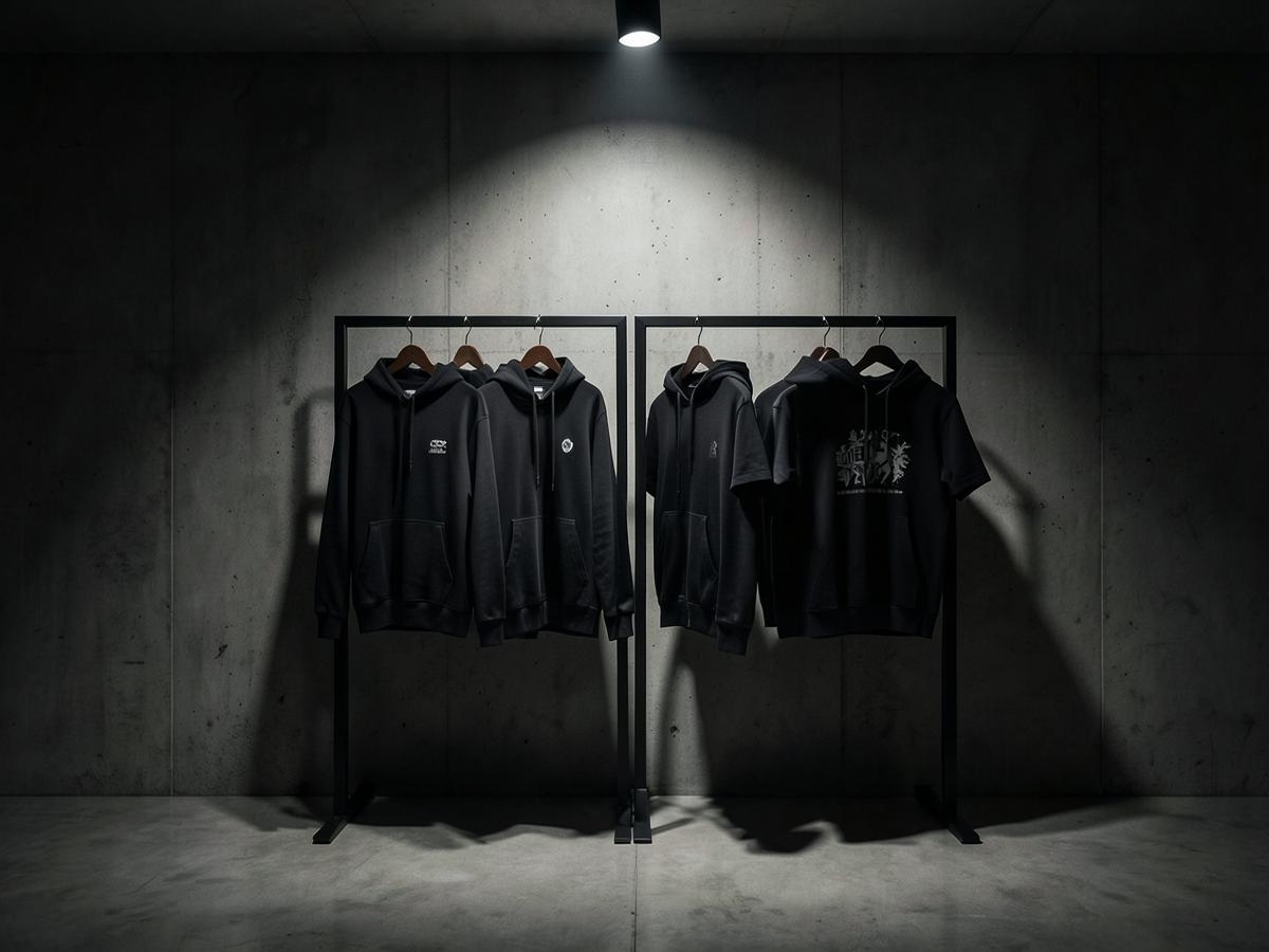 Minimal retail rack of black hoodies and tees